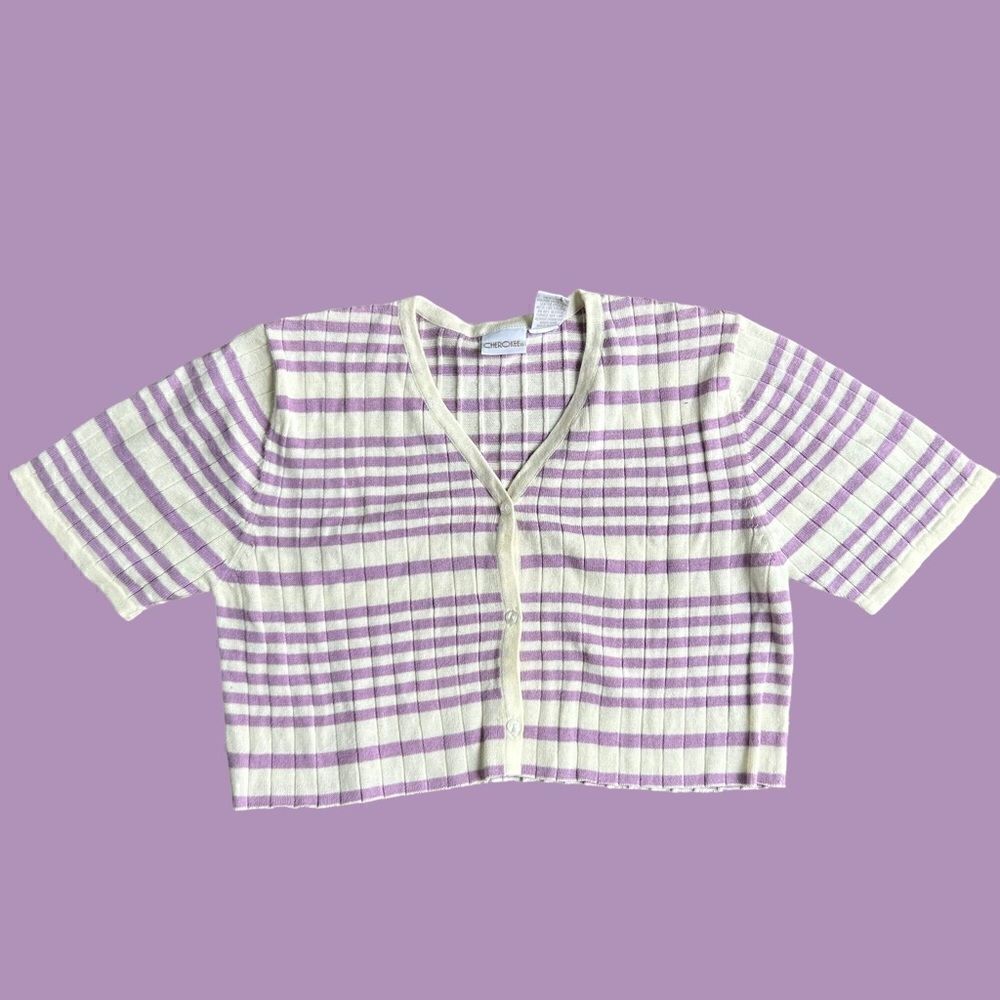 Vintage Cropped Lavender and White Stripe Cardigan